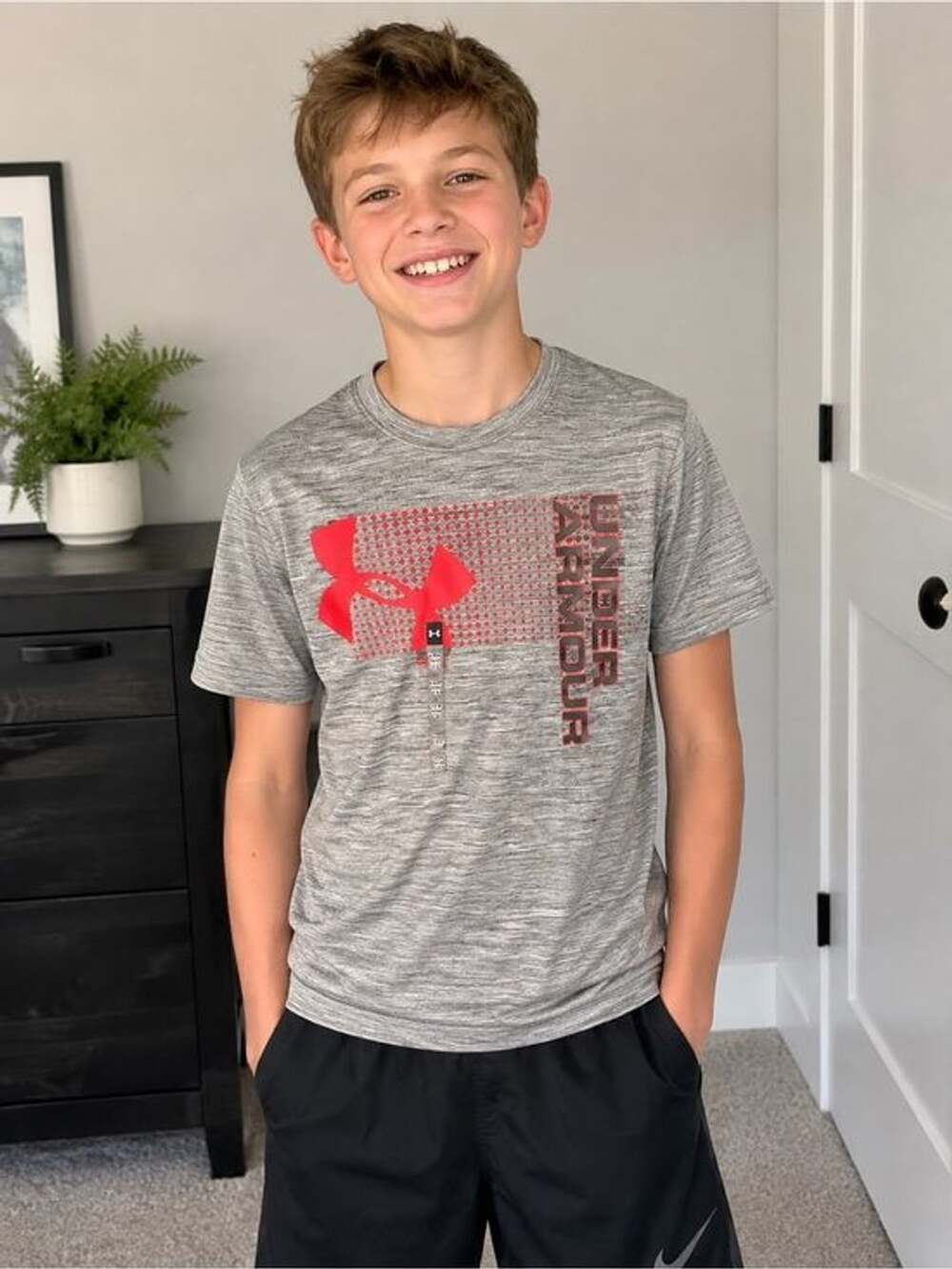 Under Armour Gray Heather Tee with Bright Red Logo